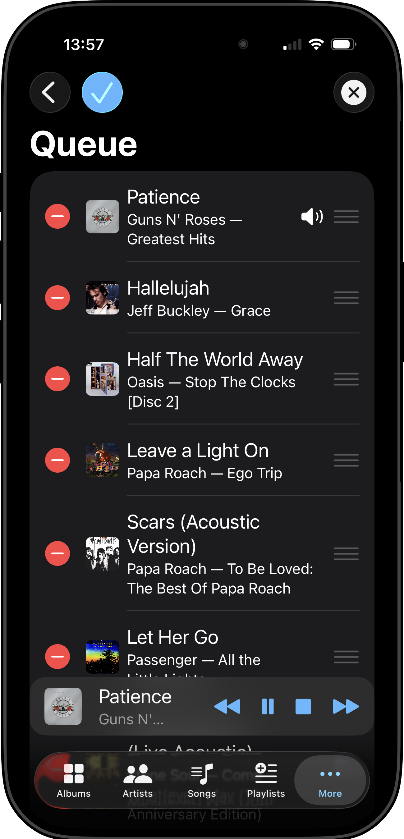 Playback queue controls in Off-Grid Music Player