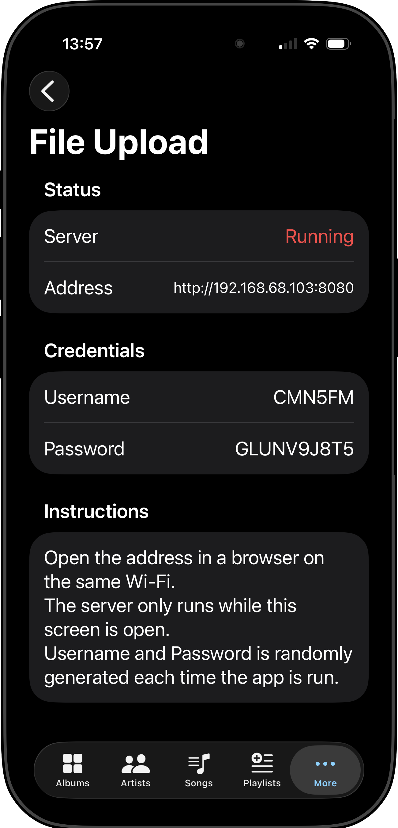 Import options available in Off-Grid Music Player